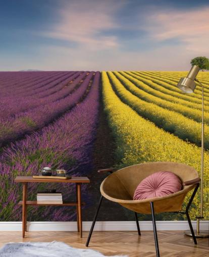 mural de pared personalizable morado y amarillo llamado Flores moradas y amarillas para dormitorios, cocinas y comedores