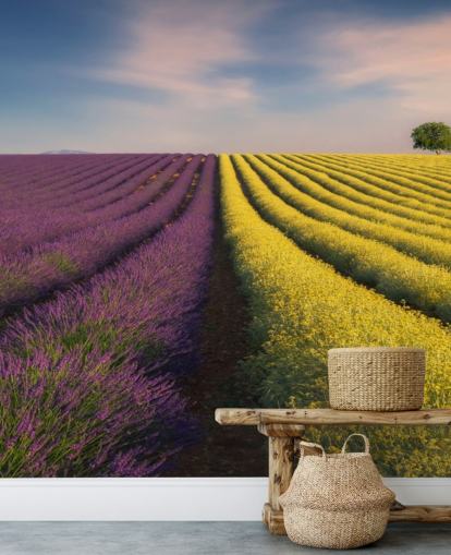 mural de pared personalizable morado y amarillo llamado Flores moradas y amarillas para dormitorios, cocinas y comedores