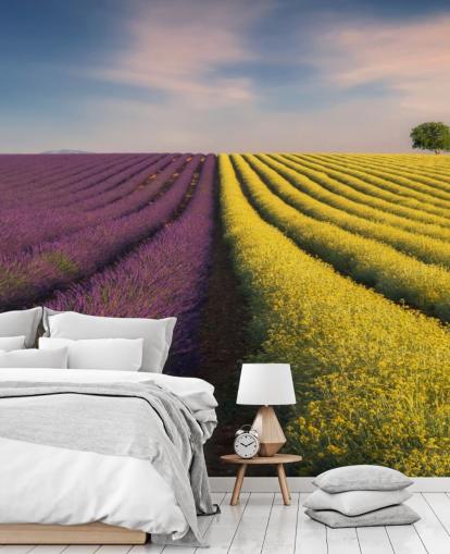 mural de parede personalizável roxo e amarelo chamado Flores roxas e amarelas para quartos, cozinhas e salas de jantar mural de parede personalizável roxo e amarelo chamado Flores roxas e amarelas para quartos, cozinhas e salas de jantar