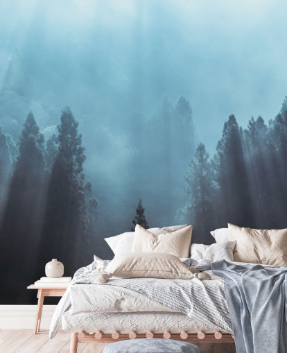 misty forest with rays of sunlight pouring down wallpaper