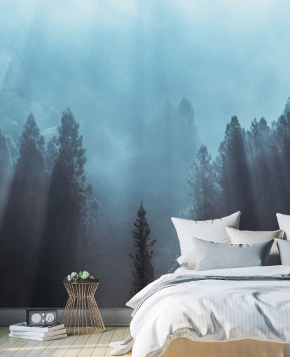 forêt brumeuse avec des rayons de soleil déversant du papier peint forêt brumeuse avec des rayons de soleil déversant du papier peint