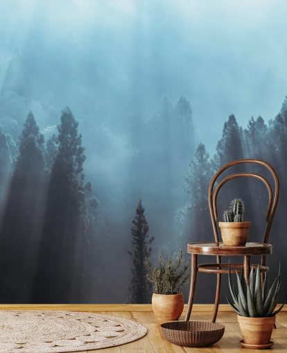 misty forest with rays of sunlight pouring down wallpaper