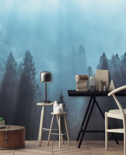 misty forest with rays of sunlight pouring down wallpaper