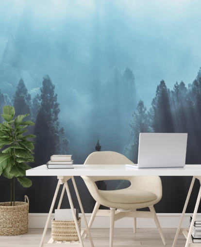 misty forest with rays of sunlight pouring down wallpaper
