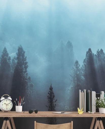 misty forest with rays of sunlight pouring down wallpaper