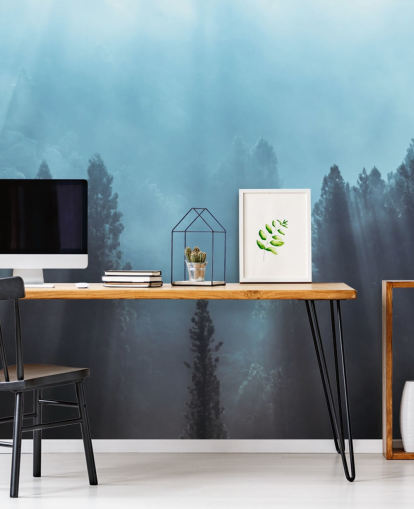 misty forest with rays of sunlight pouring down wallpaper