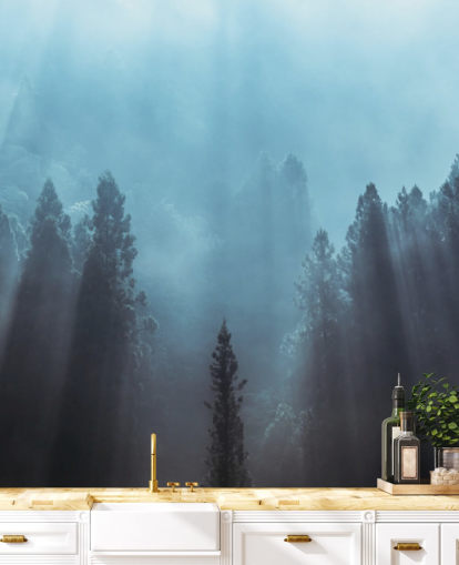 misty forest with rays of sunlight pouring down wallpaper