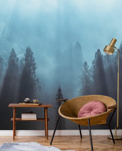 misty forest with rays of sunlight pouring down wallpaper