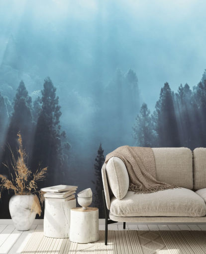 misty forest with rays of sunlight pouring down wallpaper
