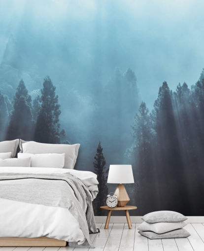 misty forest with rays of sunlight pouring down wallpaper