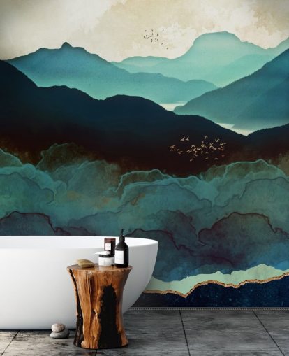 indigo och blå anpassad tapetväggmålning som heter Indigo Mountains av SpaceFrog Designs för vardagsrum