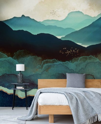 carta da parati murale personalizzata indaco e blu chiamata Indigo Mountains di SpaceFrog Designs per salotti