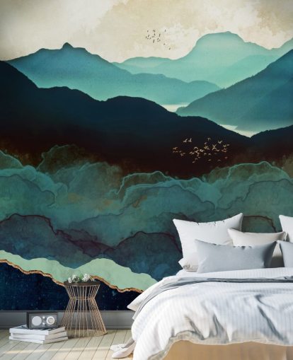 indigo en blauwe op maat gemaakte behangmuurschildering genaamd Indigo Mountains van SpaceFrog Designs voor woonkamers