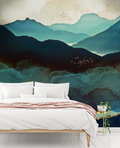 indigo ja sininen mukautettu taustakuvamaalaus nimeltä Indigo Mountains by SpaceFrog Designs olohuoneisiin indigo ja sininen mukautettu taustakuvamaalaus nimeltä Indigo Mountains by SpaceFrog Designs olohuoneisiin