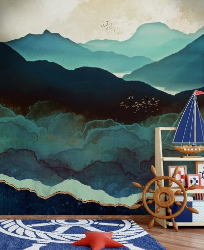 carta da parati murale personalizzata indaco e blu chiamata Indigo Mountains di SpaceFrog Designs per salotti