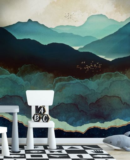 mural de papel pintado personalizado índigo y azul llamado Indigo Mountains de SpaceFrog Designs para salas de estar