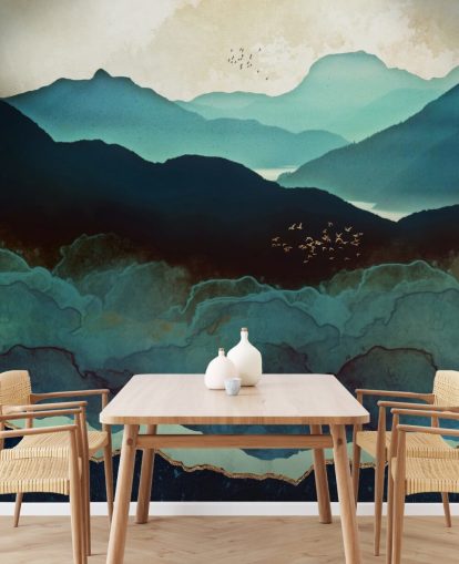 Individuelles Tapeten-Wandbild in Indigoblau und Blau namens Indigo Mountains von SpaceFrog Designs für Wohnzimmer