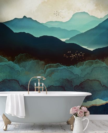 mural de papel pintado personalizado índigo y azul llamado Indigo Mountains de SpaceFrog Designs para salas de estar