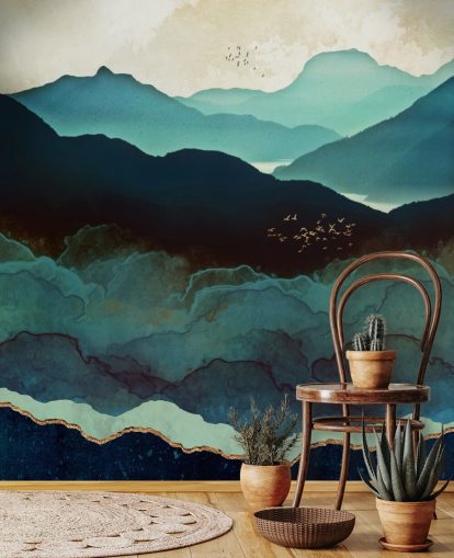 carta da parati murale personalizzata indaco e blu chiamata Indigo Mountains di SpaceFrog Designs per salotti