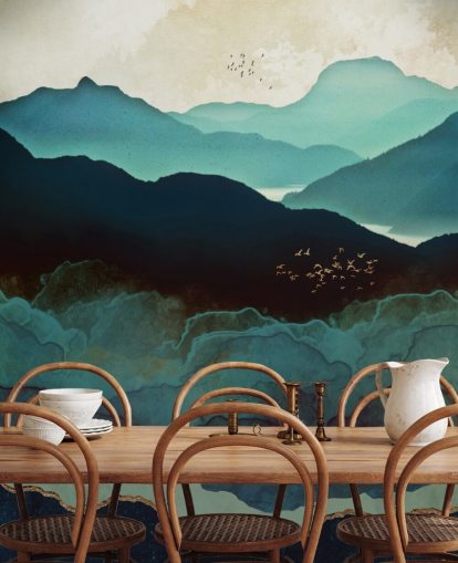 carta da parati murale personalizzata indaco e blu chiamata Indigo Mountains di SpaceFrog Designs per salotti