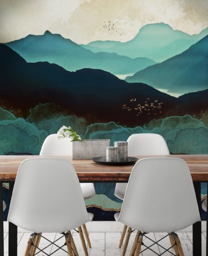 indigo ja sininen mukautettu taustakuvamaalaus nimeltä Indigo Mountains by SpaceFrog Designs olohuoneisiin indigo ja sininen mukautettu taustakuvamaalaus nimeltä Indigo Mountains by SpaceFrog Designs olohuoneisiin