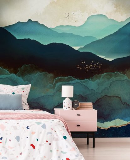 mural de papel pintado personalizado índigo y azul llamado Indigo Mountains de SpaceFrog Designs para salas de estar mural de papel pintado personalizado índigo y azul llamado Indigo Mountains de SpaceFrog Designs para salas de estar