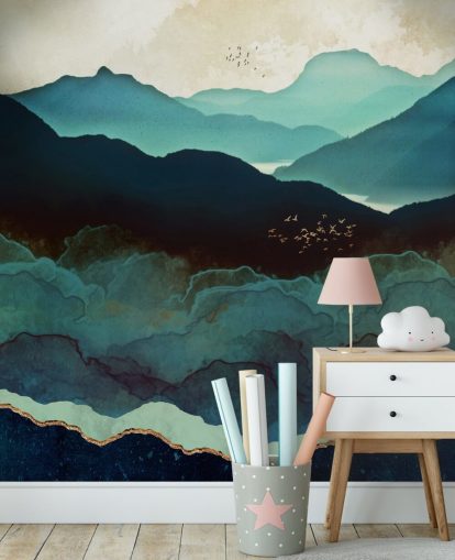 mural de papel pintado personalizado índigo y azul llamado Indigo Mountains de SpaceFrog Designs para salas de estar