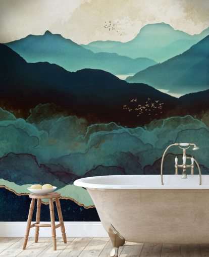 indigo ja sininen mukautettu taustakuvamaalaus nimeltä Indigo Mountains by SpaceFrog Designs olohuoneisiin indigo ja sininen mukautettu taustakuvamaalaus nimeltä Indigo Mountains by SpaceFrog Designs olohuoneisiin