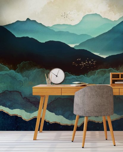 indigo en blauwe op maat gemaakte behangmuurschildering genaamd Indigo Mountains van SpaceFrog Designs voor woonkamers indigo en blauwe op maat gemaakte behangmuurschildering genaamd Indigo Mountains van SpaceFrog Designs voor woonkamers