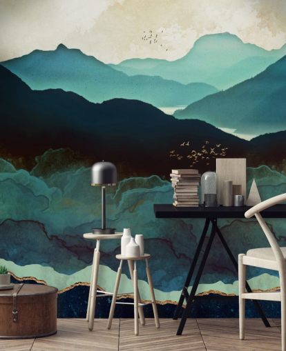 Individuelles Tapeten-Wandbild in Indigoblau und Blau namens Indigo Mountains von SpaceFrog Designs für Wohnzimmer