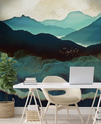 papier peint mural personnalisé indigo et bleu appelé Indigo Mountains par SpaceFrog Designs pour les salons