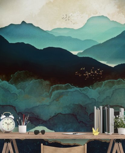 indigo en blauwe op maat gemaakte behangmuurschildering genaamd Indigo Mountains van SpaceFrog Designs voor woonkamers