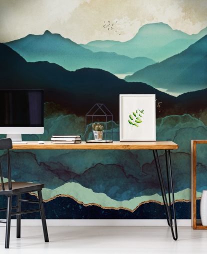 mural de papel pintado personalizado índigo y azul llamado Indigo Mountains de SpaceFrog Designs para salas de estar