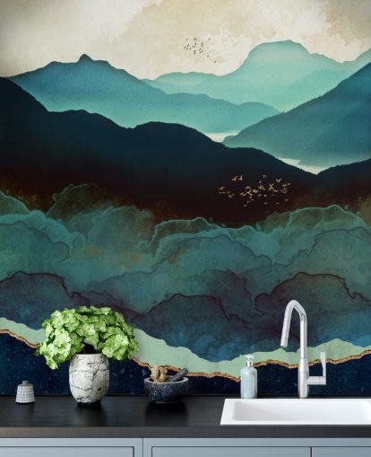 indigo and blue custom wallpaper mural called Indigo Mountains by SpaceFrog Designs for living rooms