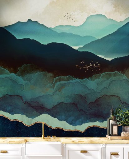indigo en blauwe op maat gemaakte behangmuurschildering genaamd Indigo Mountains van SpaceFrog Designs voor woonkamers