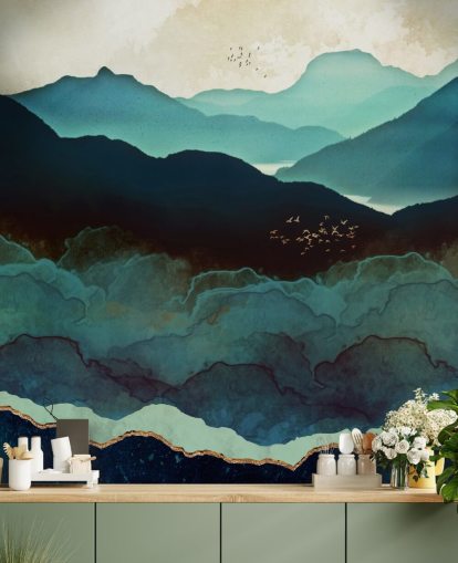 mural de papel pintado personalizado índigo y azul llamado Indigo Mountains de SpaceFrog Designs para salas de estar mural de papel pintado personalizado índigo y azul llamado Indigo Mountains de SpaceFrog Designs para salas de estar