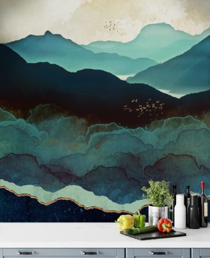 mural de papel pintado personalizado índigo y azul llamado Indigo Mountains de SpaceFrog Designs para salas de estar mural de papel pintado personalizado índigo y azul llamado Indigo Mountains de SpaceFrog Designs para salas de estar