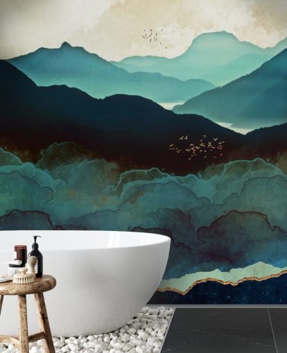 indigo og blått tilpasset tapetmaleri kalt Indigo Mountains av SpaceFrog Designs for stuer