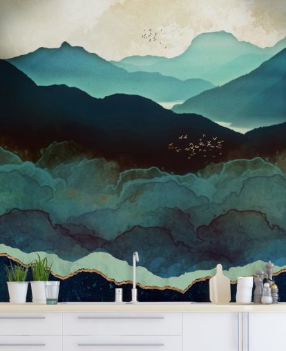 indigo og blåt brugerdefineret tapetmaleri kaldet Indigo Mountains af SpaceFrog Designs til stuer indigo og blåt brugerdefineret tapetmaleri kaldet Indigo Mountains af SpaceFrog Designs til stuer