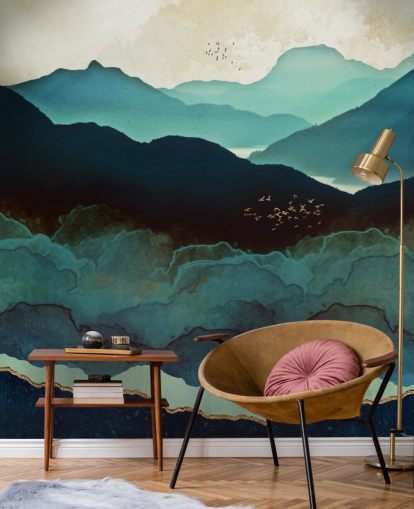 Individuelles Tapeten-Wandbild in Indigoblau und Blau namens Indigo Mountains von SpaceFrog Designs für Wohnzimmer