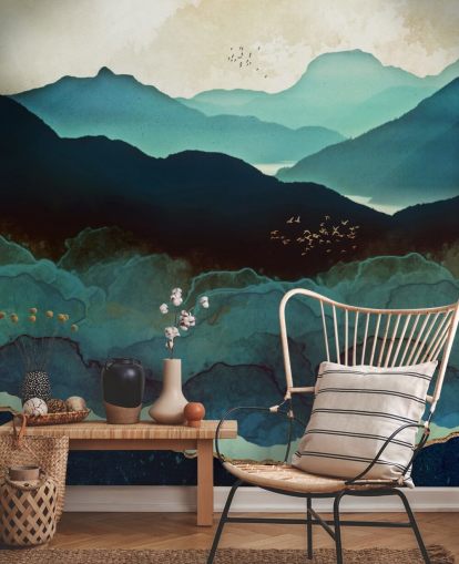 indigo and blue custom wallpaper mural called Indigo Mountains by SpaceFrog Designs for living rooms