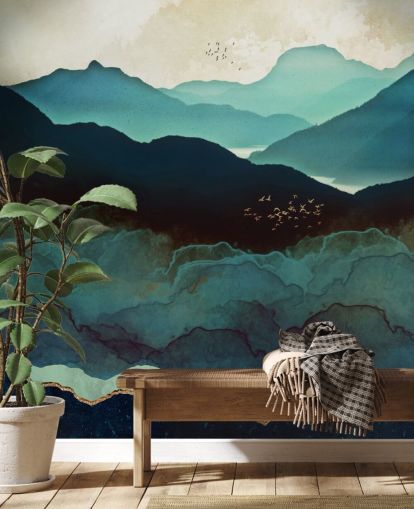 indigo and blue custom wallpaper mural called Indigo Mountains by SpaceFrog Designs for living rooms