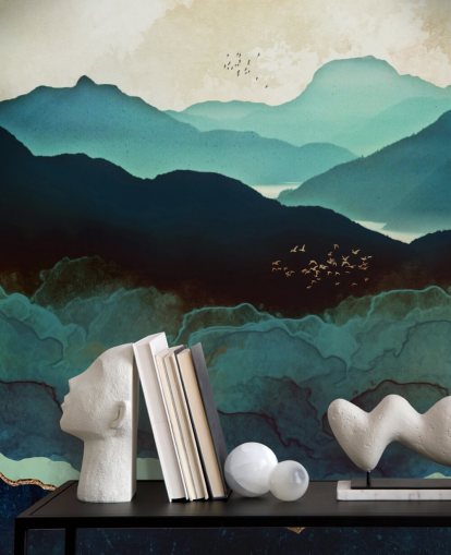 mural de papel de parede personalizado em índigo e azul chamado Indigo Mountains da SpaceFrog Designs para salas de estar