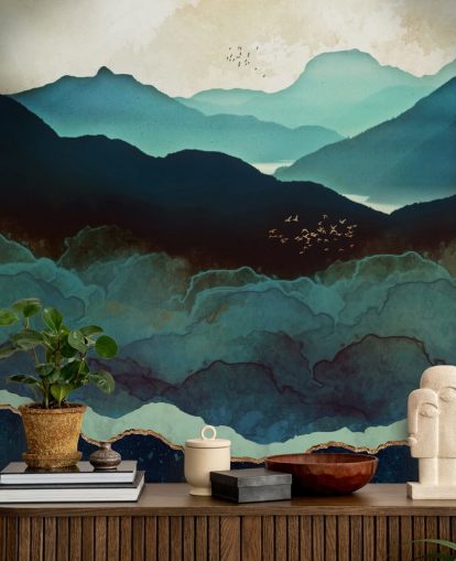 carta da parati murale personalizzata indaco e blu chiamata Indigo Mountains di SpaceFrog Designs per salotti