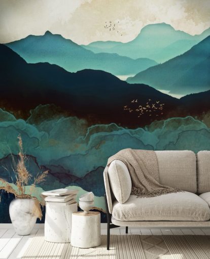 carta da parati murale personalizzata indaco e blu chiamata Indigo Mountains di SpaceFrog Designs per salotti
