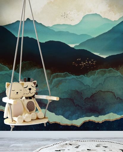 indigo and blue custom wallpaper mural called Indigo Mountains by SpaceFrog Designs for living rooms