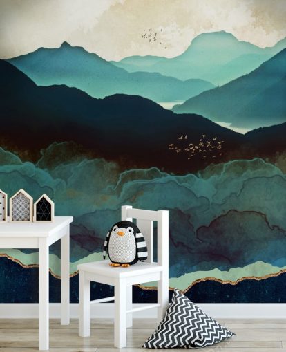 indigo and blue custom wallpaper mural called Indigo Mountains by SpaceFrog Designs for living rooms