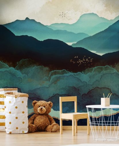 indigo och blå anpassad tapetväggmålning som heter Indigo Mountains av SpaceFrog Designs för vardagsrum