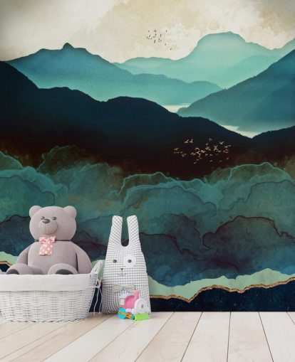 indigo and blue custom wallpaper mural called Indigo Mountains by SpaceFrog Designs for living rooms