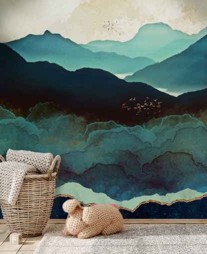 Individuelles Tapeten-Wandbild in Indigoblau und Blau namens Indigo Mountains von SpaceFrog Designs für Wohnzimmer